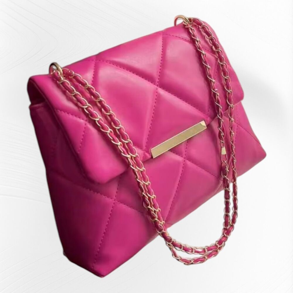 Pink Quilted Pattern Shoulder Crossbody Purse With Metal Decor Chain Strap